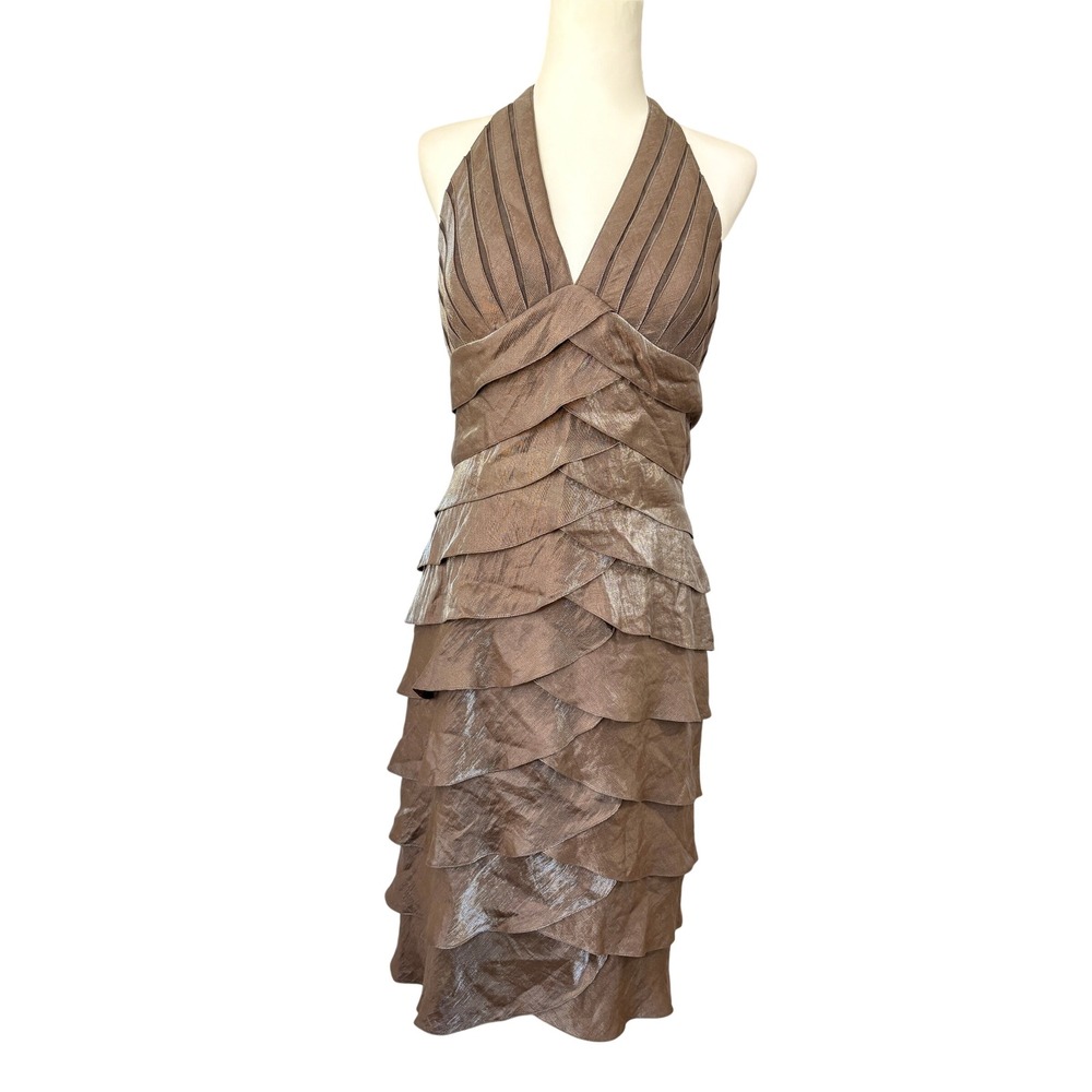 Cache Vintage Y2K Bronze Metallic Tiered Ruffle Halter Midi Dress Womens 10